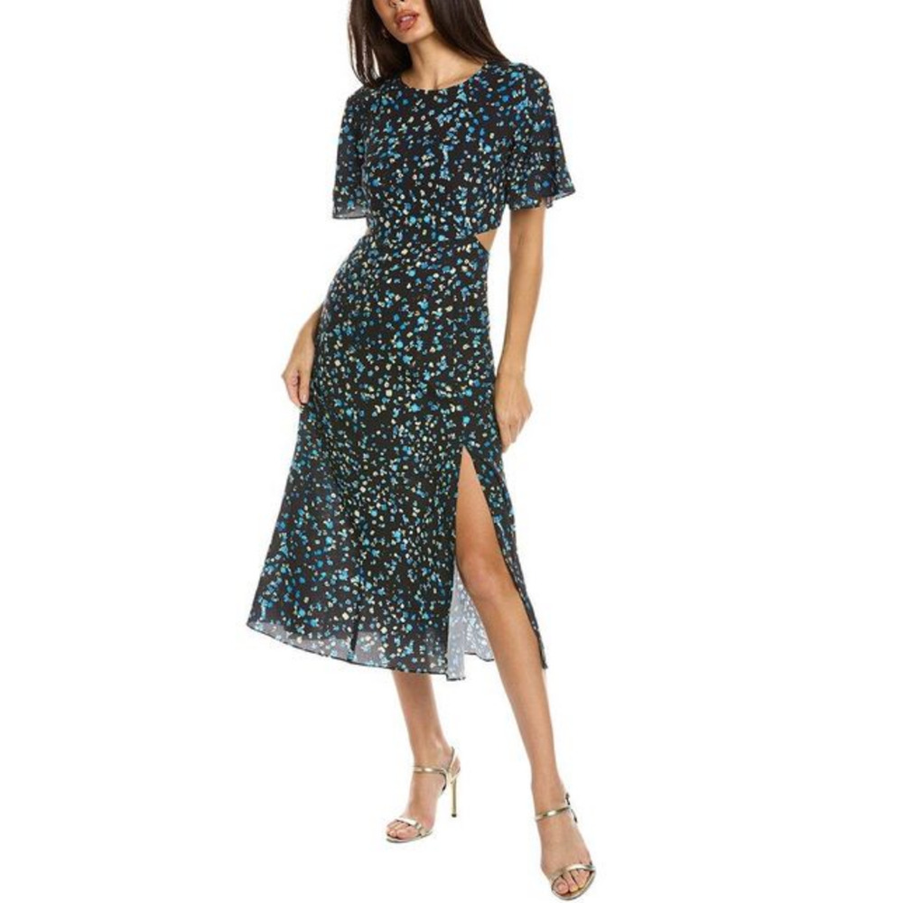 French Connection Shea Ferna Verona Floral Midi Dress Black Blue Cut Out Size 0